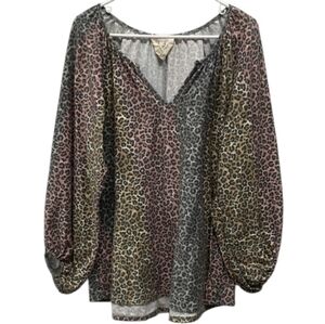 Fantastic Fawn Colorful Leopard Print Long Sleeve V-Neck Blouse Top